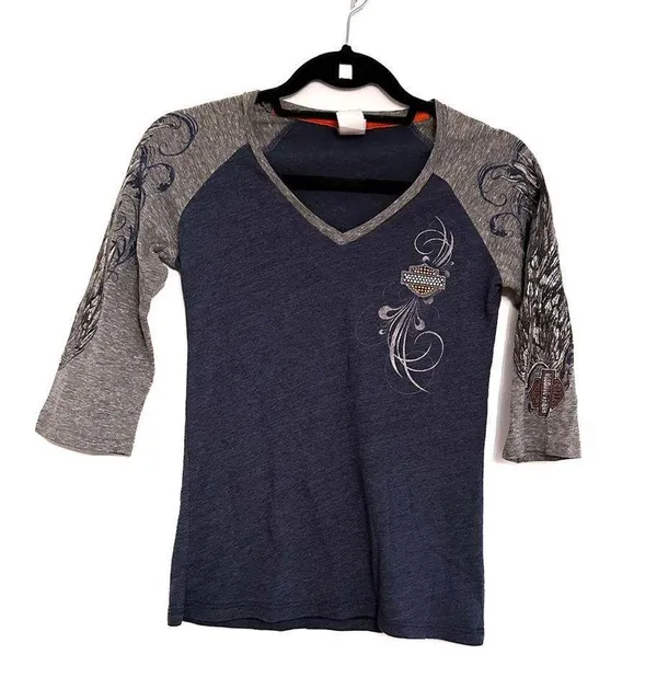 Harley-Davidson Rhinestone Logo Raglan Top Small Gray Blue Biker Tee - Image 2