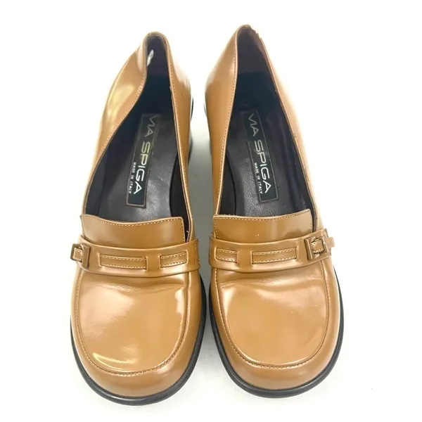 Vintage Via Spiga Italian Leather Tan Y2K Block Heel Loafers - Size 6.5 - Image 4