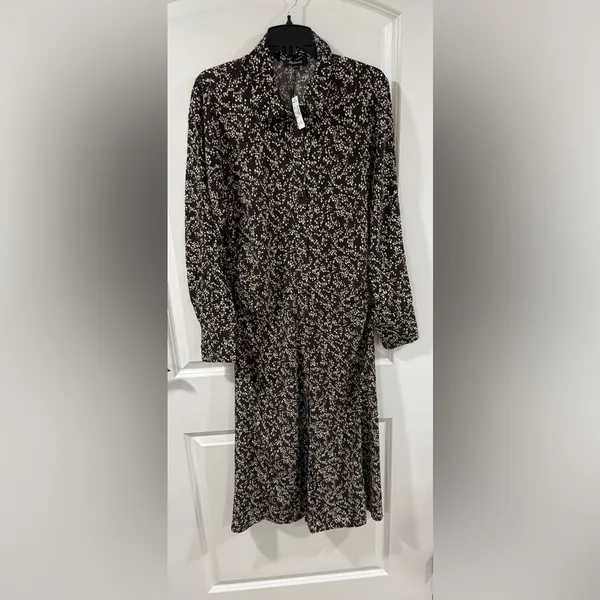 Madewell Ruched Midi Shirt Dress Size 12 Black Ivory Floral NWT - Image 7