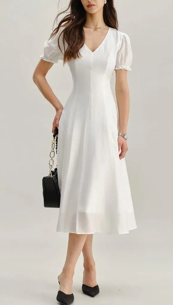 Rihoas White Puffed Sleeve V Neck Midi Dress - Image 3