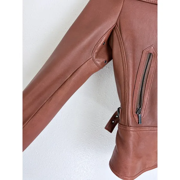 Y2K Vintage Leather Moto Jacket Cognac Brown Pelle Studio Funnel Neck M - Image 5