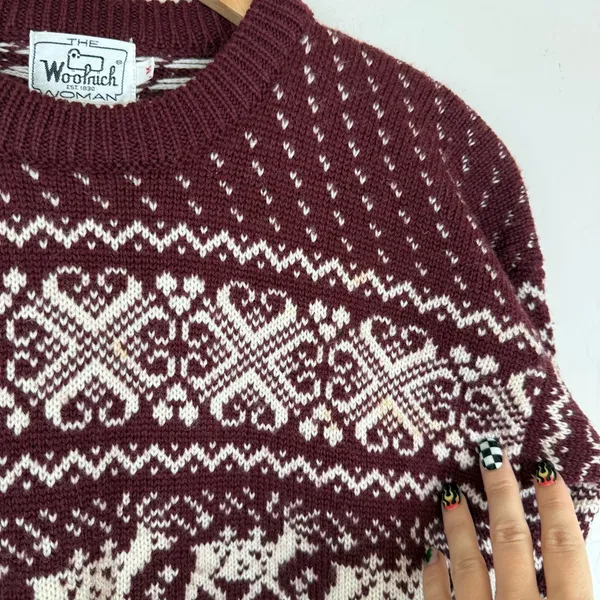 Vintage Woolrich Fair Isle Winter Pullover Maroon Sweater - Image 6