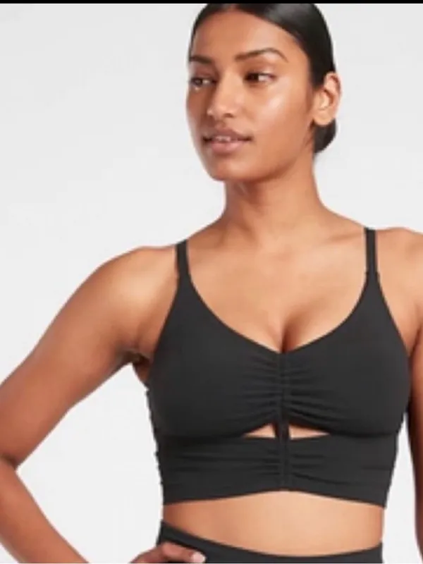 Athleta Black Ruched Cutout Longline Sports Bra M Yoga Pilates Adjustable - Image 4