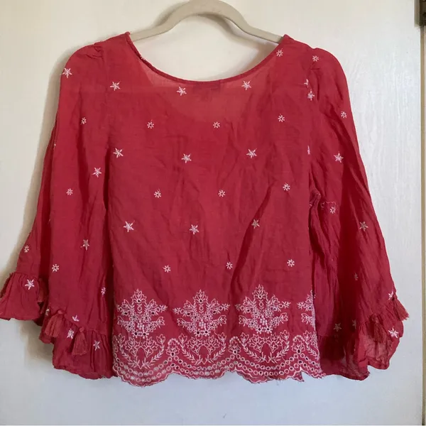 *American Eagle Coral Eyelet Cropped Embroidered Bell Sleeve Blouse #Gr - Image 8