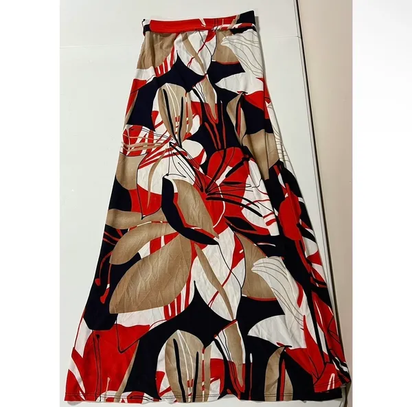 Got Style USA Orange Tan White Abstract Floral Y2K Fold Over Maxi Skirt Bottoms Size S 🧡🤎✨ - Image 3