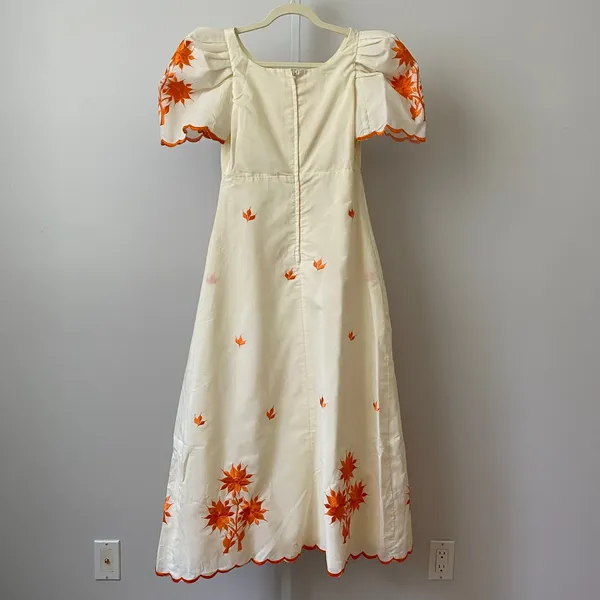 VTG Prairie Dainty Embroidered Floral Scalloped Maxi Dress XS White Orange - Image 5