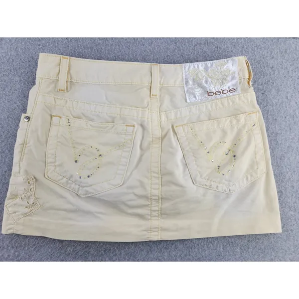 Vintage 90s y2k skirt Bebe‎ Butter Yellow mini micro rhinestone SZ 26 Waist 30" - Image 14