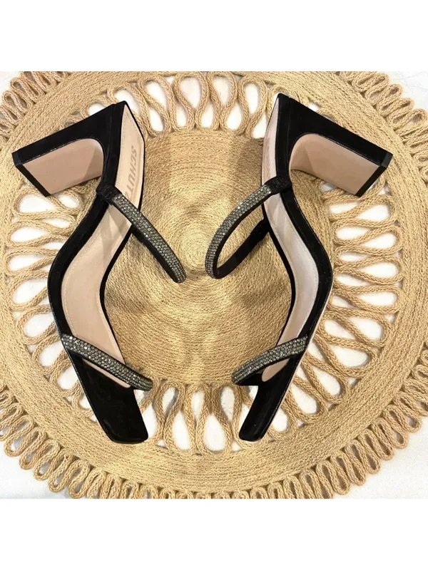 SCHUTZ Salwa Rhinestone Square Toe Heels Black Suede Block Size 7.5 - Image 4