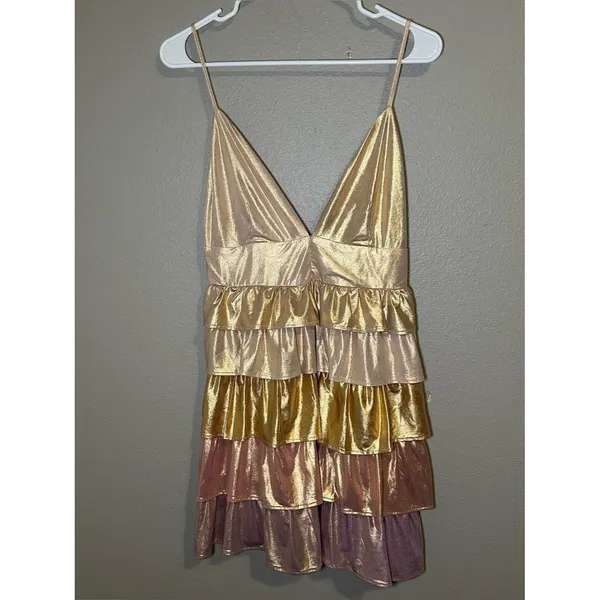 Storia Colorful Metallic Tiered Ruffle Party Mini Dress Women’s Size Large - Image 2