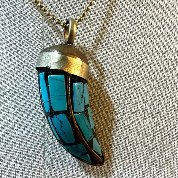 Tibetan brass mosaic Horn Pendant necklace - Image 5