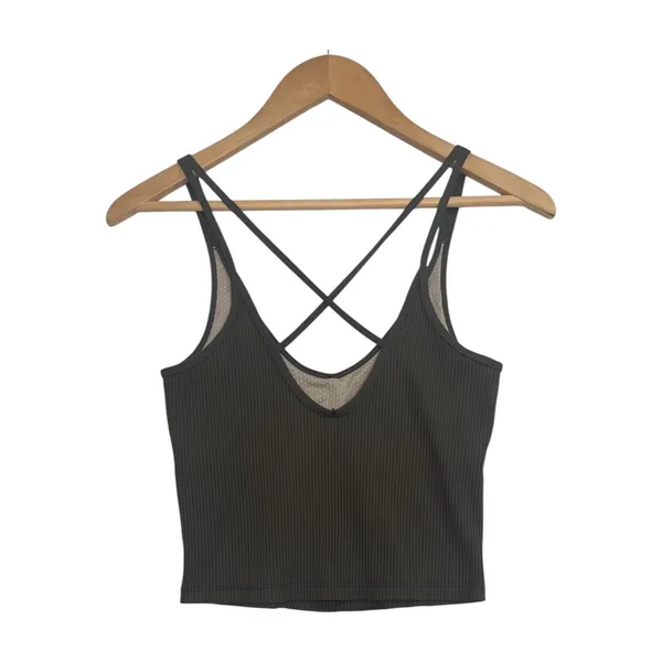 Vuori Tank Top Womens Small Green Olive Ribbed Strappy Crop Yoga Athleisure Gym - Image 2