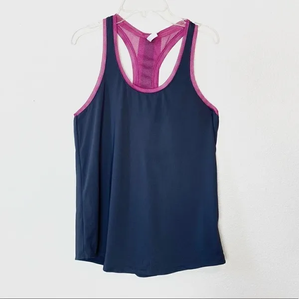 Fabletics Grey & Pink Mesh Layered Racerback Athletic Tank Top - Image 3