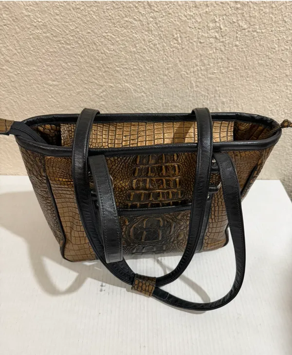 Faux Crocodile Embossed Tote Bag Brown Black Shoulder Handbag Zip Top Large - Image 7