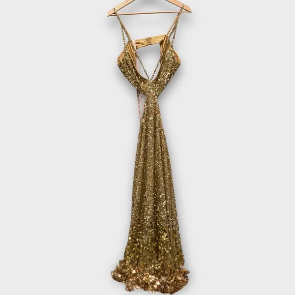 NWT Mac Duggal 6077 Gold Thin Strap Cut Out Gown With Ombre Sequins Size 8 - Image 7
