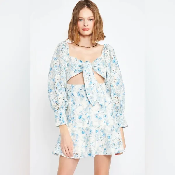 En Saison Claire Eyelet Lace Mini Dress with Tie Blue Floral Small NWT - Image 2