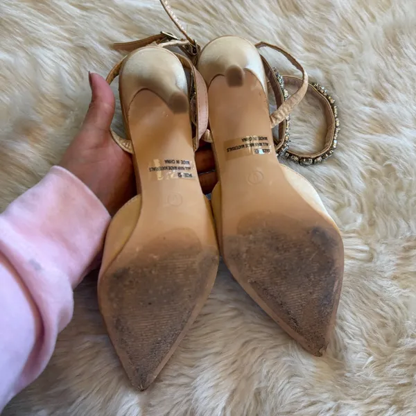 Lulu's Embellished Ankle Strap Champagne Satin Pointed Toe Heels - Image 5