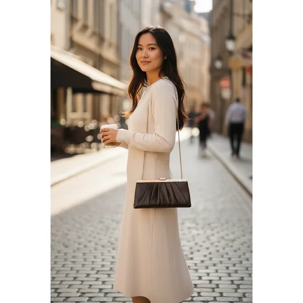 Vintage Jessica McClintock Brown Pleated Evening Clutch Gold‎ Chain Bag y2k - Image 5
