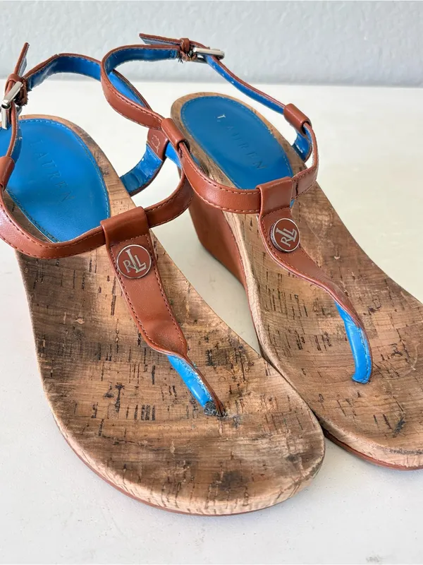 Lauren Ralph Lauren Flip Flops Ankle Strap Cork Wedge Sandals Womens Size 6 Blue - Image 2