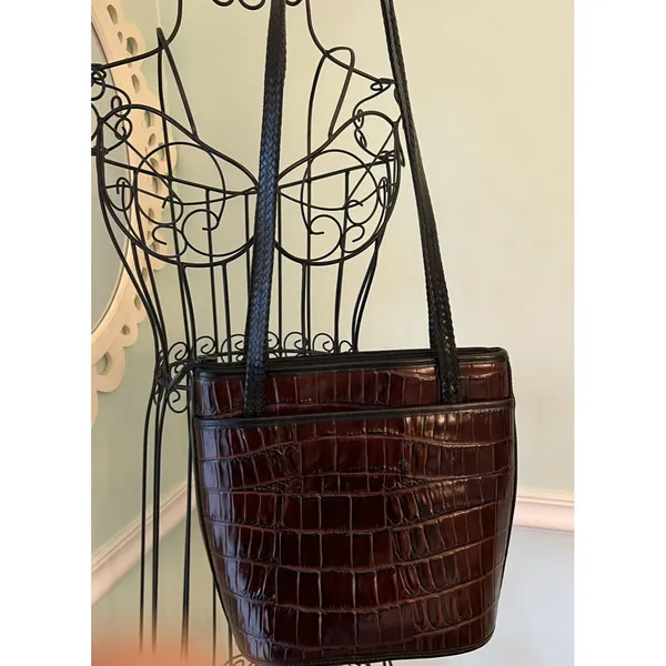 BRIGHTON Black Brown Croc Leather Bucket Tote Shoulder Handbag Double Handles‎ - Image 3