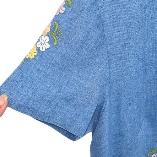 Vintage 60's Floral Embroidered Shift Dress Blue Chambray Size 6/8‎ - Image 7