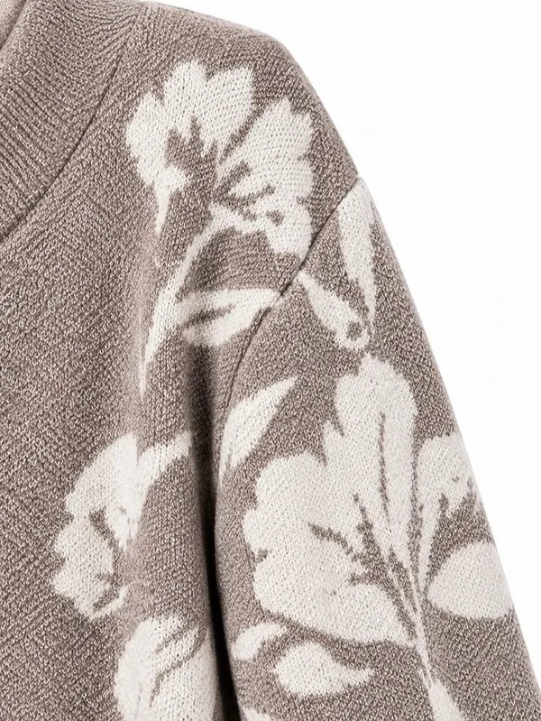 Joie XL Floral Intarsia Longline Cardigan Taupe Ivory Open Front Sweater - Image 5