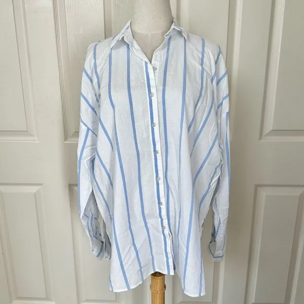 H & M blue and white striped long sleeved button down shirt - Image 5