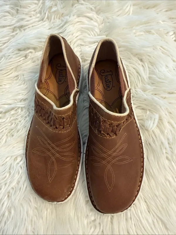 Justin Boots Brown Leather Slip-On Loafers with White Midsoles size 8 BNWOT - Image 2