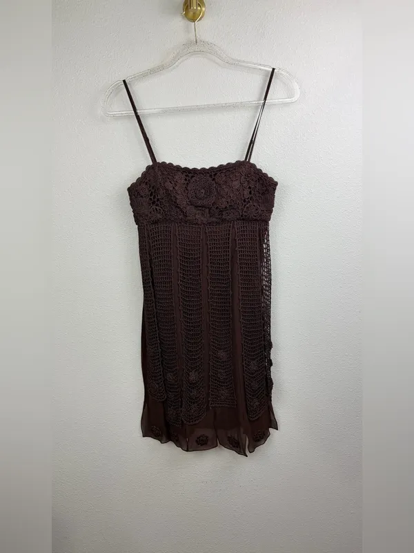 Sue Wong Y2K Chocolate Silk Crochet Panel’s Floral Appliqué Mini Dress Size 6P - Image 2