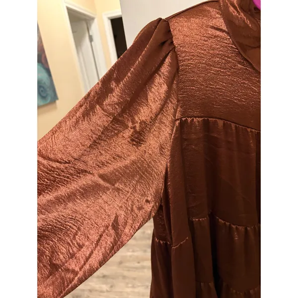 Fantastic Fawn Copper Brown Satin Tiered Mini Dress Long Sleeve Collared Medium - Image 4