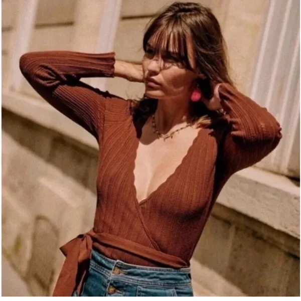 Sezane Brown Ecovero Lenzing Scalloped Knit Solweig Wrap Cardigan Sweater L - Image 2