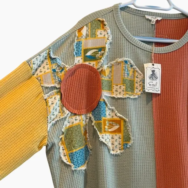 Easel Daisy Patchwork Top Multicolor Boho Waffle Knit Long Sleeve Women‎ Small - Image 2
