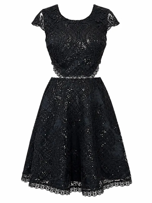 NWT Macy Black Sequin Lace Mini cutout Dress 7 S Whimsigoth Coquette Semi Formal - Image 4