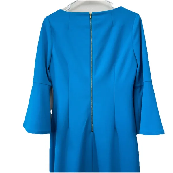 Calvin Klein Turquoise Blue‎ 3/4 Bell Sleeve Stretch Crepe Sheath Dress Size 6 - Image 6