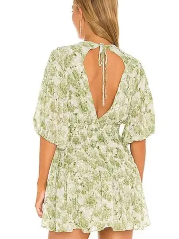 Misa Green White Seven Floral Deep V Puff‎ Sleeve Mini Dress - Image 2