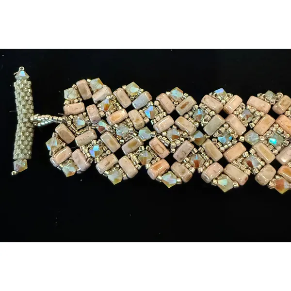 Handmade Women 7" Glass Beaded Toggle Bracelet Tan‎ Blue Iridescent Western Art - Image 3
