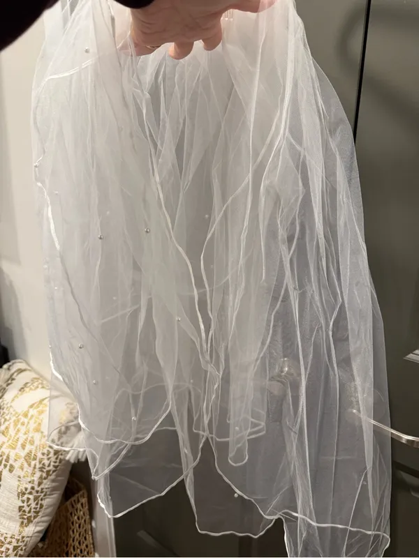 White Wedding Veil | Triple (3) Tier with Pearl Accents - Image 5