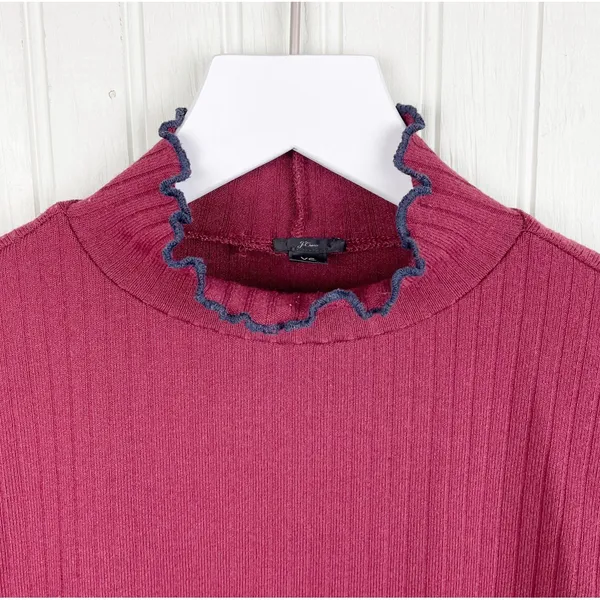 J. Crew Contrast Trim Ribbed Long Sleeve Roll Neck T-Shirt Size XS Maroon K3235 - Image 4