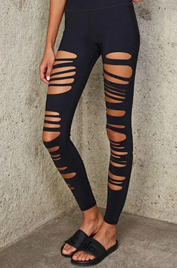Alo High-Waist Extreme Ripped Warrior Leggings Black Edgy Hi-Rise Destroyed Pant - Image 5