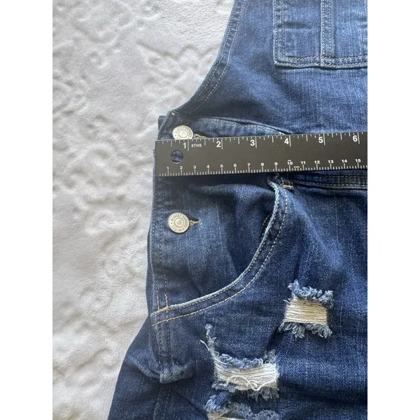 Almost Famous Romper, Women's Size 13 Blue, Denim, Overalls Shorts Distressed - Image 8