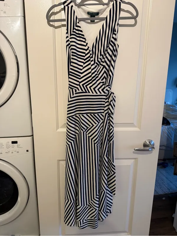 Ralph Lauren Navy and White Striped Wrap Maxi Dress - Image 2