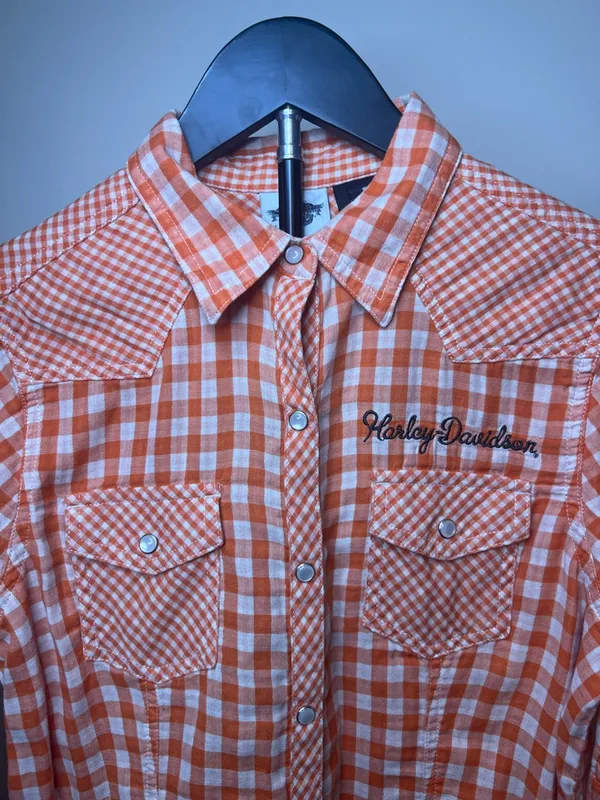 Harley Davidson Orange Gingham Snap Shirt‎ Embroidered Back Small - Image 3