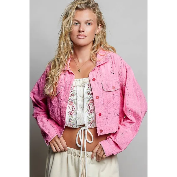 POL Eyelet Textured Cotton‎ Cropped Button-Front Jacket - Candy Pink - Large - Image 4