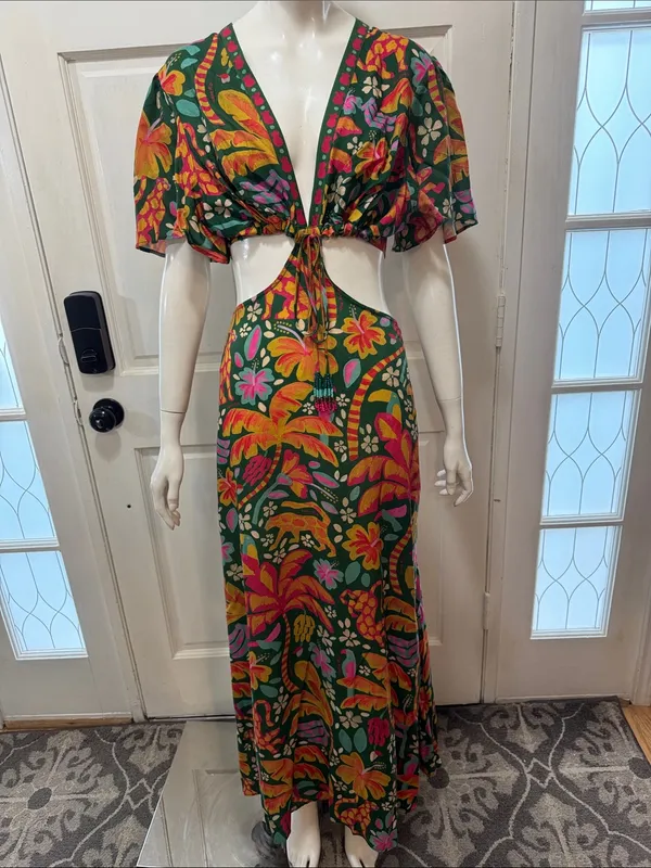 Farm Rio Tropical Cutout Maxi Dress in Green with Pink Orange Floral Print S XL - Image 4