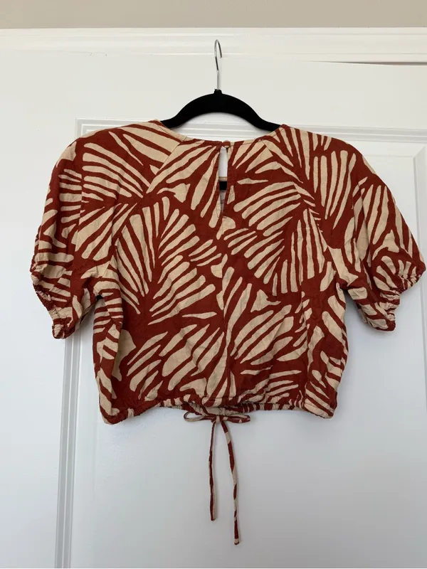 Banana Republic Linen Blend Crop Top Palm Print Rust Brown Adjustable Waist XS - Image 3