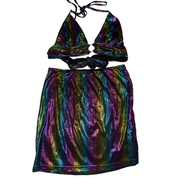 Holographic halter top mini skirt rainbow colored shiny Womens Xs rave set dress - Image 2