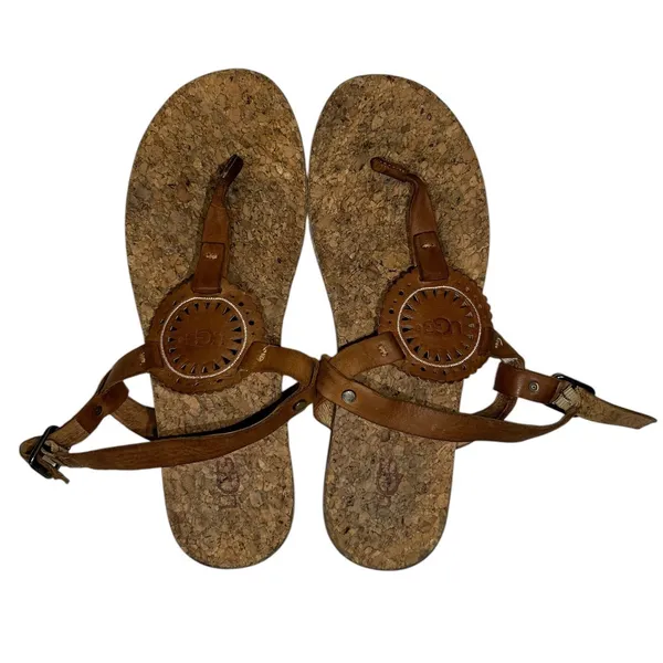 UGG Women Brown Leather Cork Footbed Medallion Thong Ankle Strap Sandals 8 - Image 11