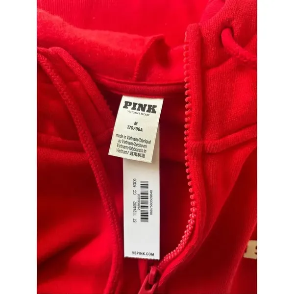 Victoria’s Secret Pink Full Zip Campus Hoodie Drawstring Logo NWT Red M - Image 2