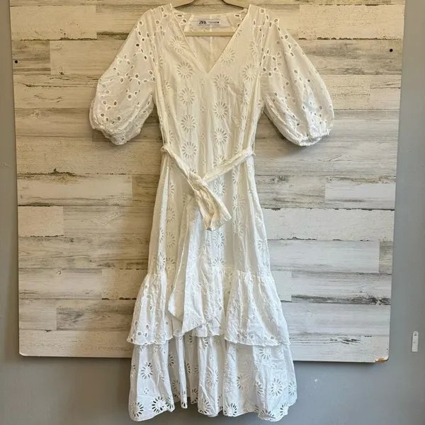 Zara Eyelet Cotton Midi Dress Puff Sleeve Belted Floral Ruffle Tiered Medium - Image 3