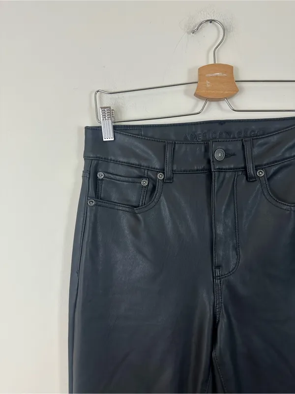 American Eagle Black Faux Leather Super High Rise Flare Pants Size 8 Women's - Image 2