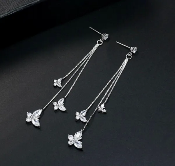 925 Silver Needle Crystal Butterfly Long Tassel Dangle Drop Earrings for Women - Image 2